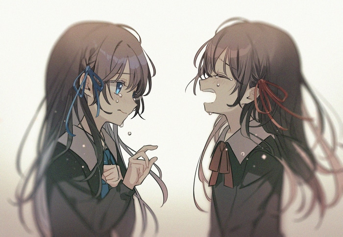 Two crying anime girls with black hair