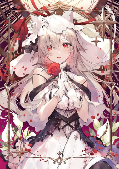 Fox girl with red eyes holding a red rose