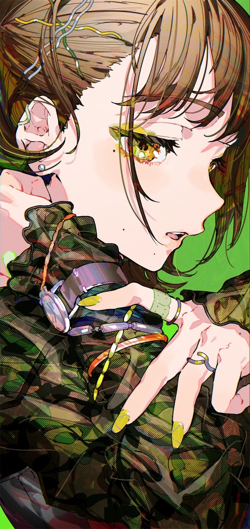 Girl with camouflage outfit and yellow nails