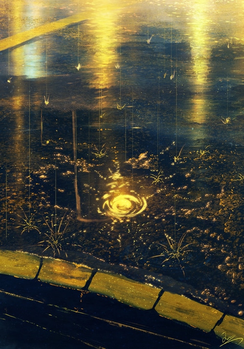 Water reflecting golden light with plants and a signature