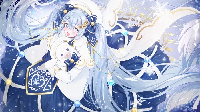 Hatsune Miku in a winter outfit holding a plush toy