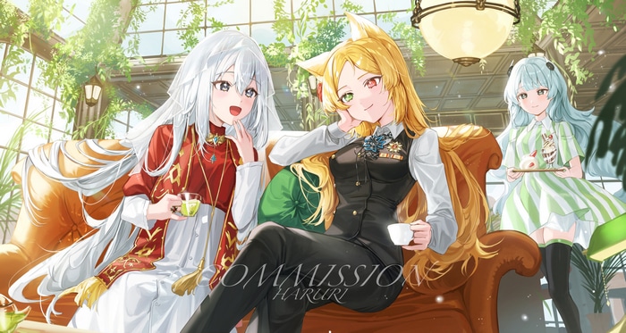 Three anime girls in a sunlit conservatory