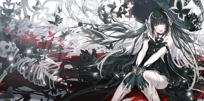 Anime girl with black dress and butterflies