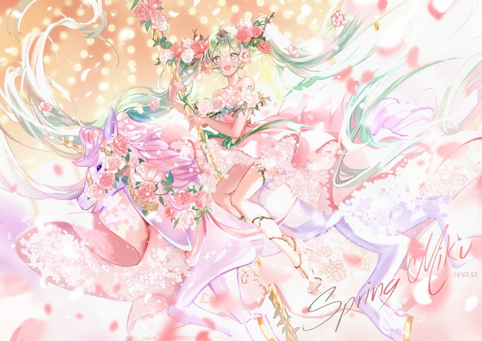 Hatsune Miku on a unicorn with flowers