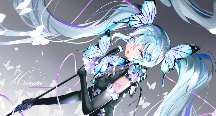 Hatsune Miku with Blue Butterflies and Microphone