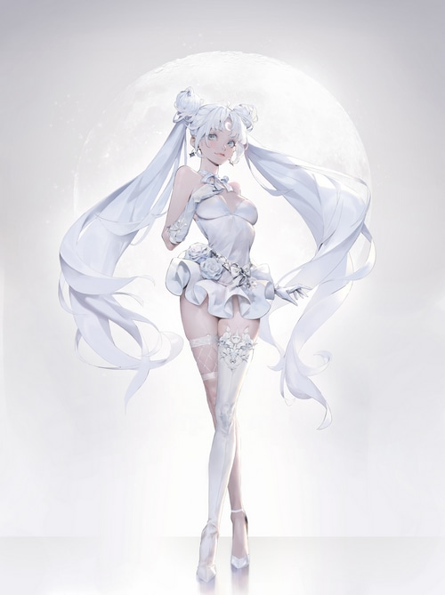 Sailor Moon in a white dress with twintails