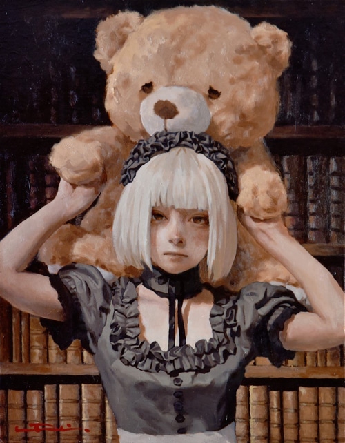 Girl with Teddy Bear in Library