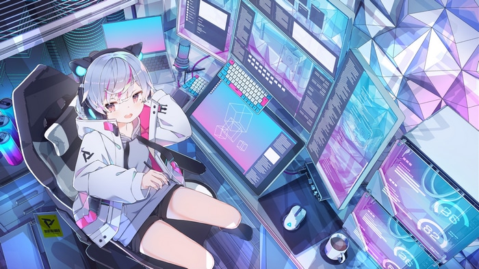 Girl with headphones at a computer desk with multiple monitors