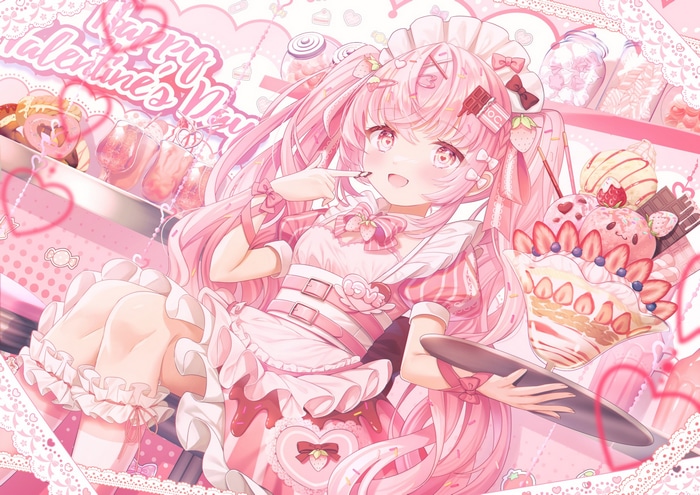 Anime girl with pink hair and sweets for Valentine's Day