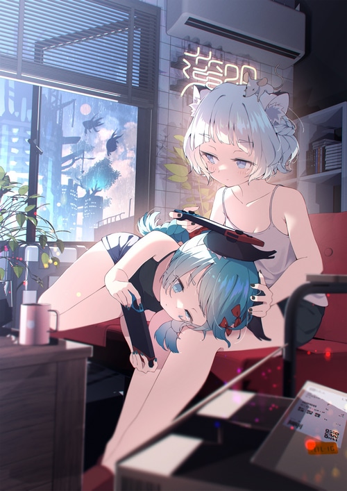Two girls playing Nintendo Switch on a couch