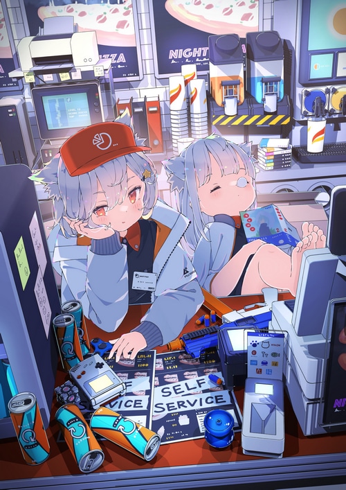 Fox girls at a self-service counter with drinks and games