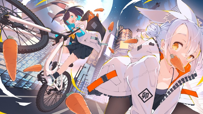 Anime bunny girls with carrots and bicycle at night