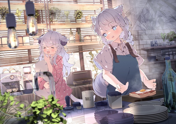 Two anime girls cooking breakfast in a kitchen