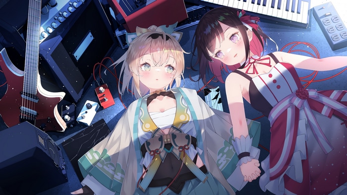 AZKi and Kazama Iroha lying down with musical instruments