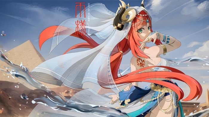 Genshin Impact Nilou with pyramids and water
