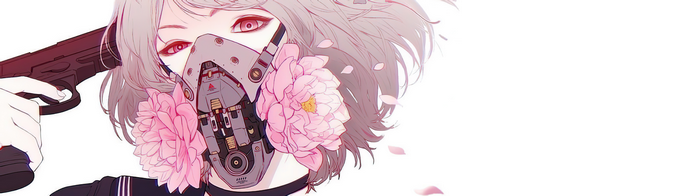 Woman with gun and mask adorned with flowers