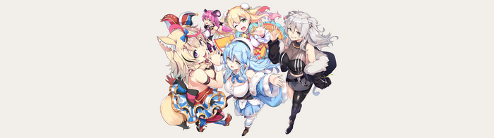 Hololive members Mano Aloe, Omaru Polka, Shishiro Botan, Momosuzu Nene, Yukihana Lamy