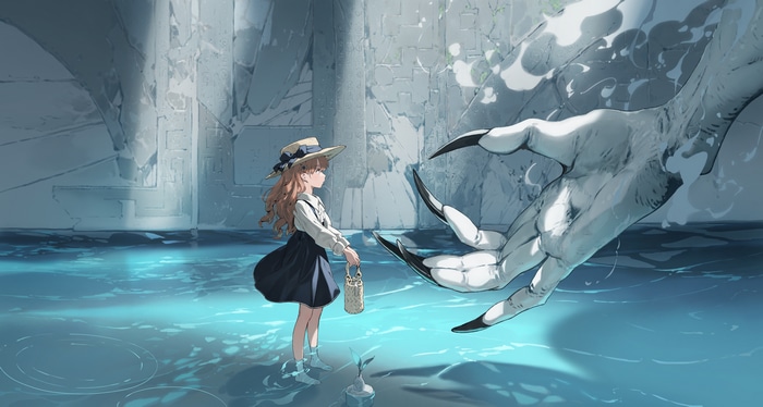 Girl in straw hat meets giant creature's hand in water