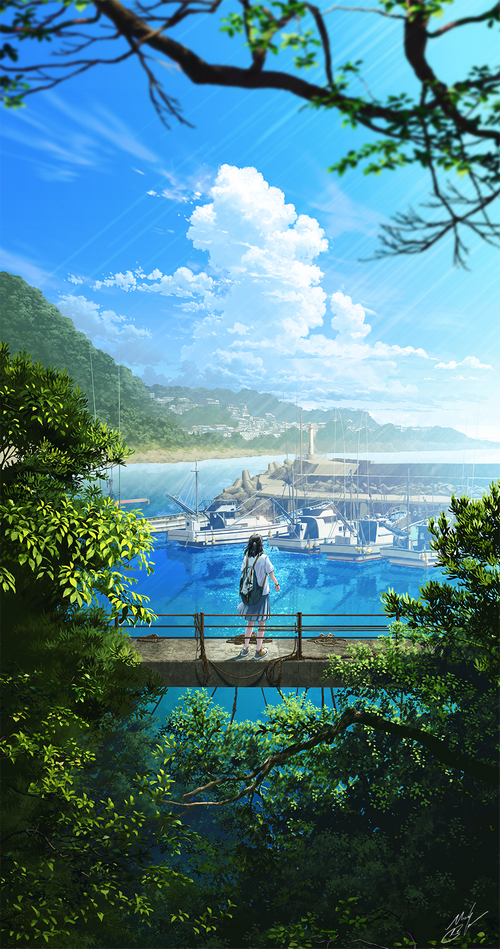 Girl in school uniform looking at a harbor with boats