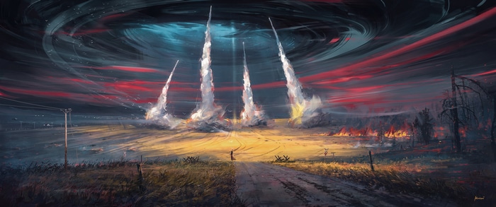 Four missiles launch into a stormy sky with a fire in the background