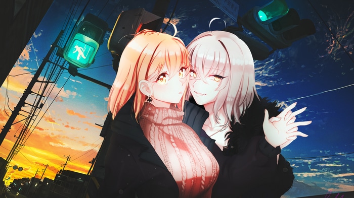 Two anime girls by a traffic light at sunset