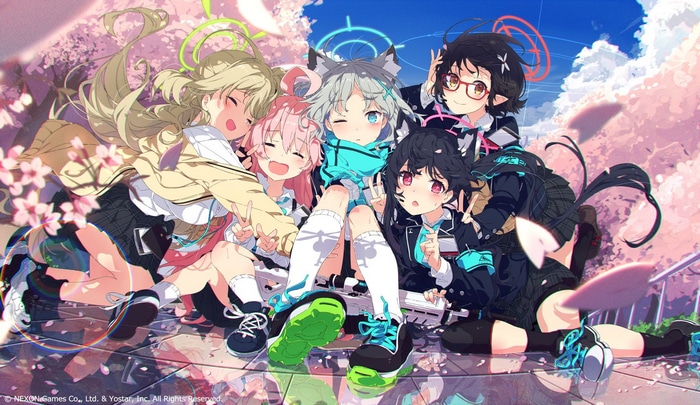Blue Archive Characters Posing Under Cherry Blossoms