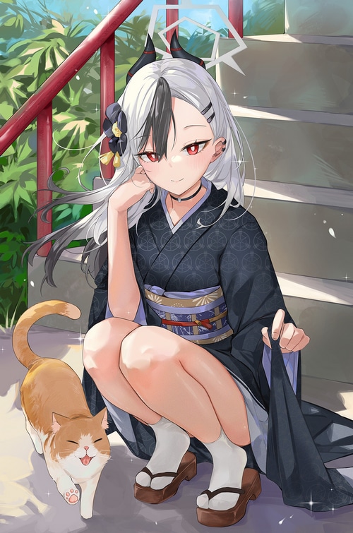 Onikata Kayoko with a cat in a kimono
