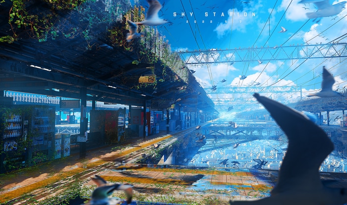 Sky Station with Birds and Overgrown Plants