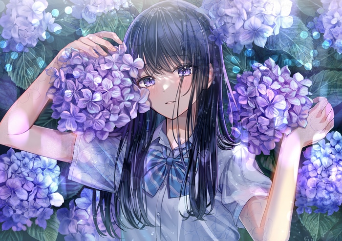 4K Schoolgirl with Purple Eyes Among Hydrangeas