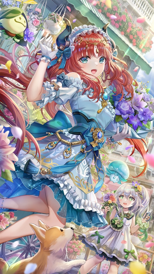 Genshin Impact characters with flowers and a dog