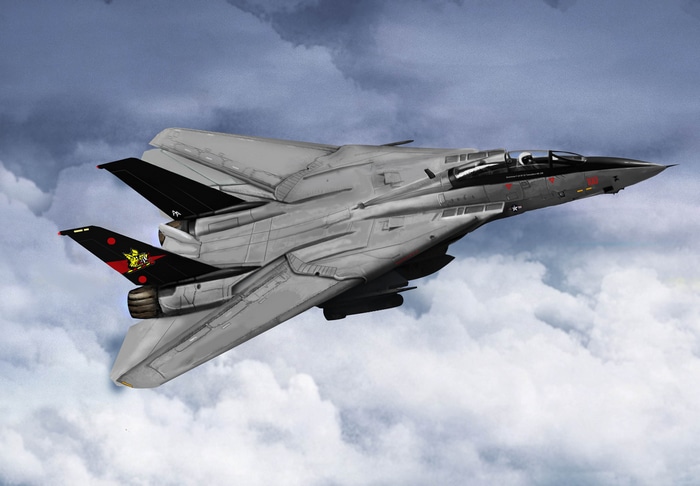 F-14 Tomcat jet fighter flying through clouds