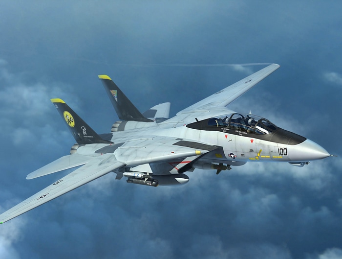F-14 Tomcat jet fighter flying through clouds
