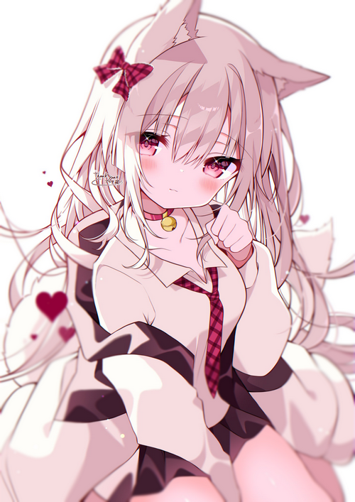 Anime fox girl with pink eyes and white hair