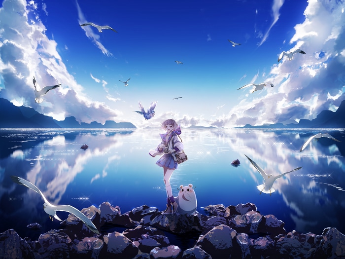 4K Anime Girl with Hamster and Seagulls by the Water