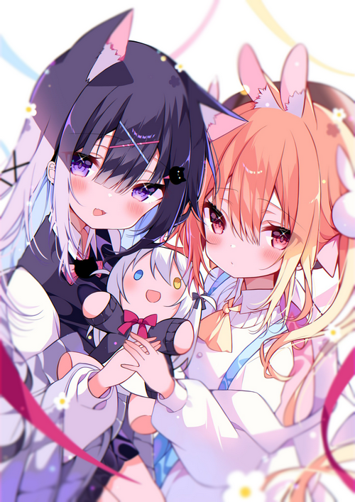 Two cat girls holding a plush toy