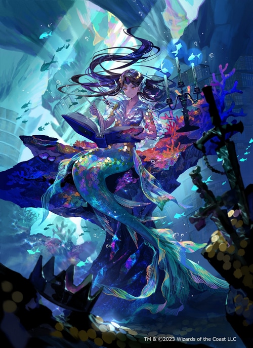 Mermaid reading a book underwater with fish and coral