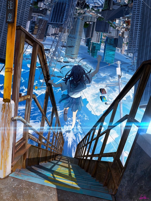 Schoolgirl jumping in an upside down city with clouds