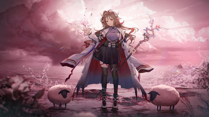 Girl with horns and sheep by the sea