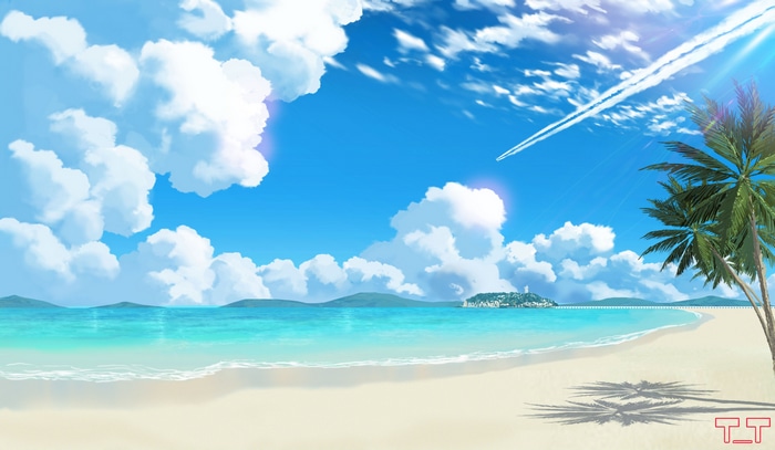 Beach with ocean, clouds, and distant island