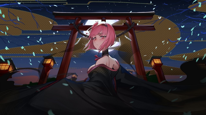 Mori Calliope under a Torii gate at night