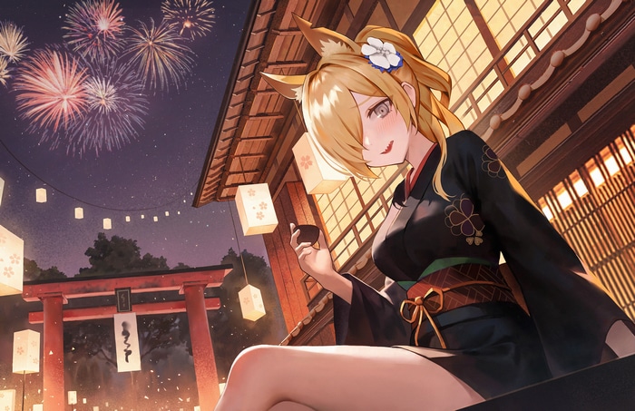 Kitsune girl in kimono at a festival with fireworks
