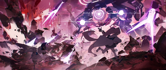 Blue Archive characters in a chaotic, explosive environment