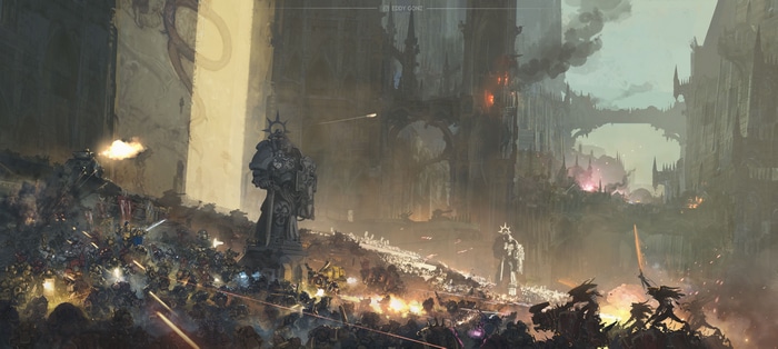 Warhammer 40,000 Battle with Smoke and Armor