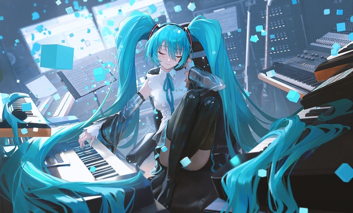 Hatsune Miku playing keyboards surrounded by cubes