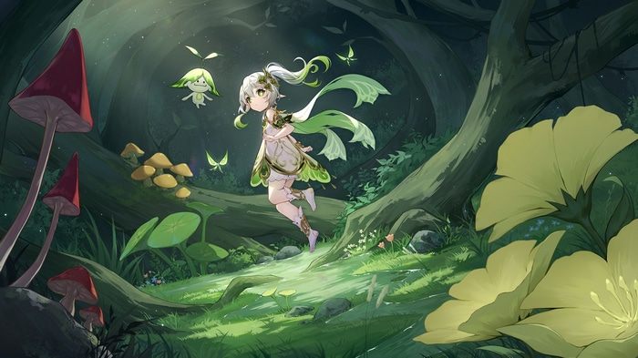 Nahida and sprites in a sunlit forest with mushrooms