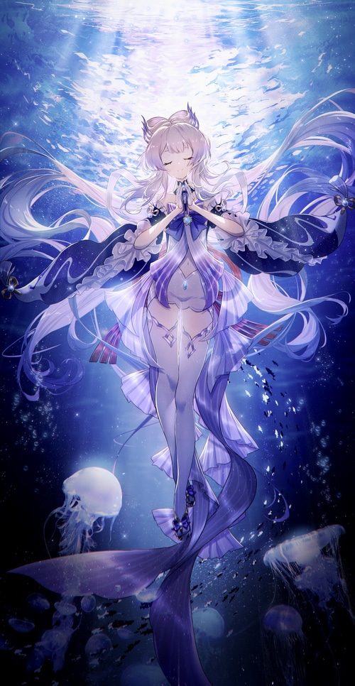 Sangonomiya Kokomi underwater with jellyfish and fish