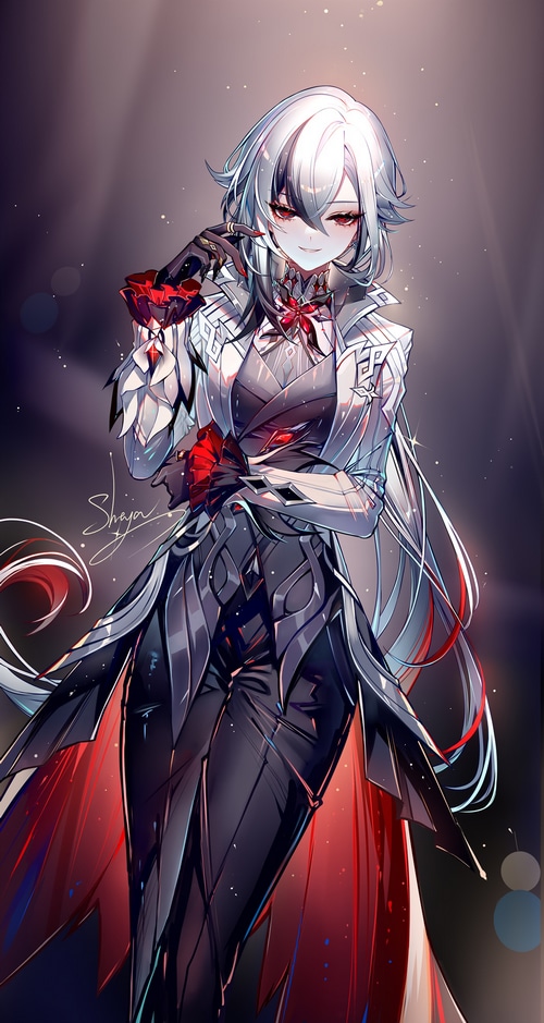 Arlecchino from Genshin Impact holding roses