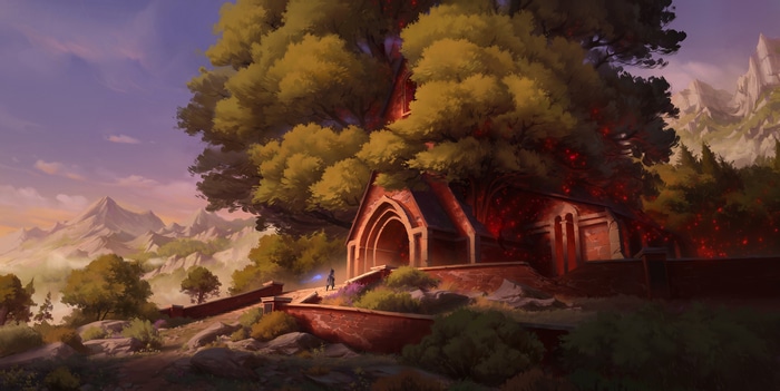 Fantasy art of a building integrated with a large tree