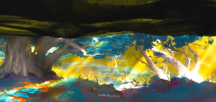 Colorful forest with sunlight filtering through trees