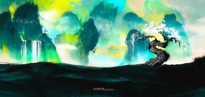 Fog Hill of Five Elements Waterfall and Tree